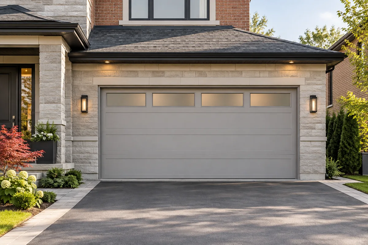 Modern gray garage door with frosted windows on a stone house