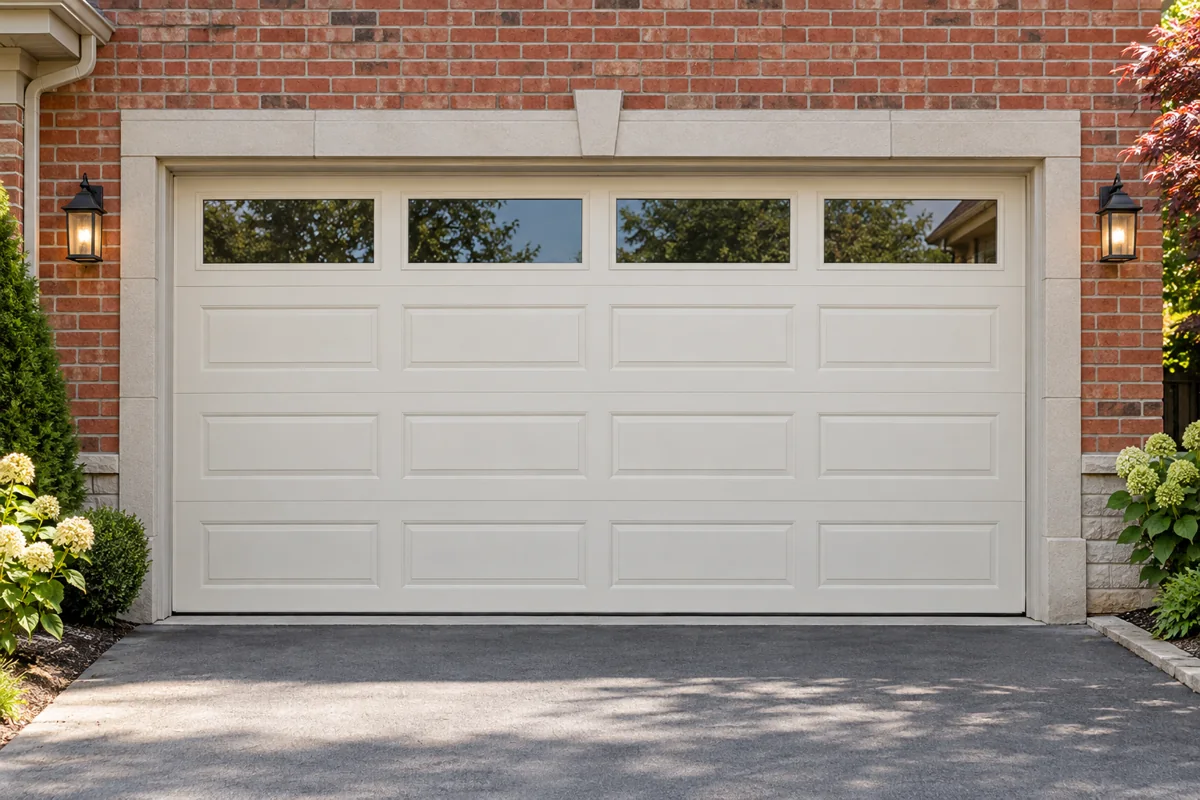 Ivory sectional garage door with four top windows on a brick house